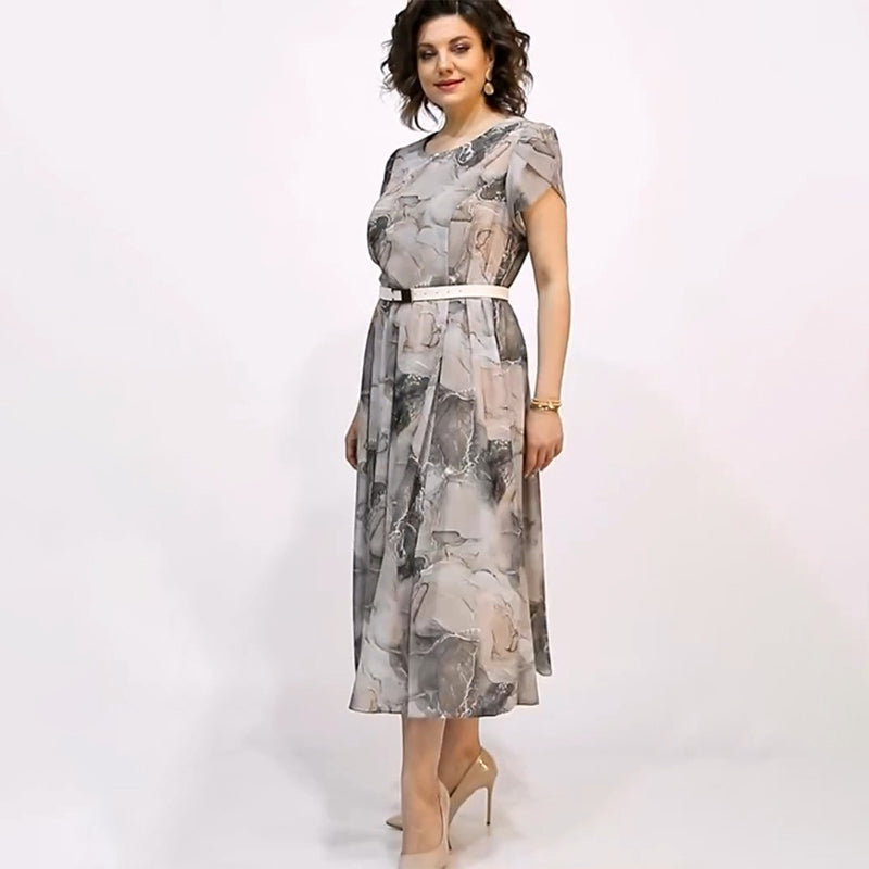 👗Női Elegáns kerek nyakú rövid ujjú Midi ruha
