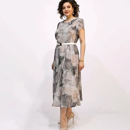 👗Női Elegáns kerek nyakú rövid ujjú Midi ruha