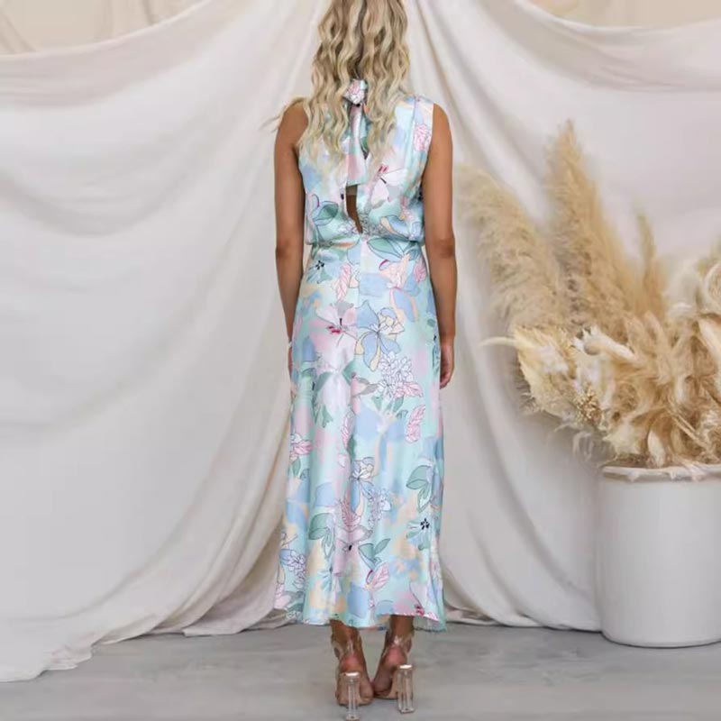 🔥👗virágmintás, nyakbakötős, gumis derekú, szatén fényű maxi ruha