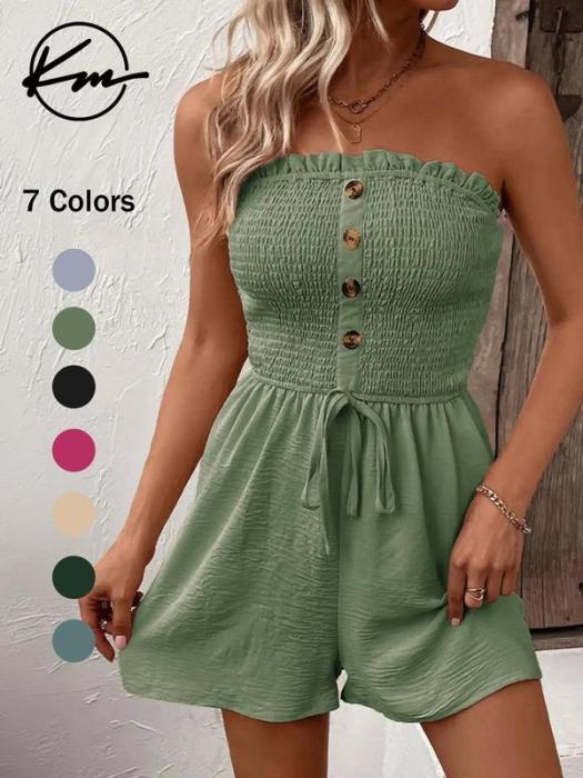 💖UTOLSÓ NAPI PROMÓCIÓ - 50% KEDVEZMÉNY💖Női pánt nélküli Frill Trim Shirred Tie Front széles lábú cső Romper