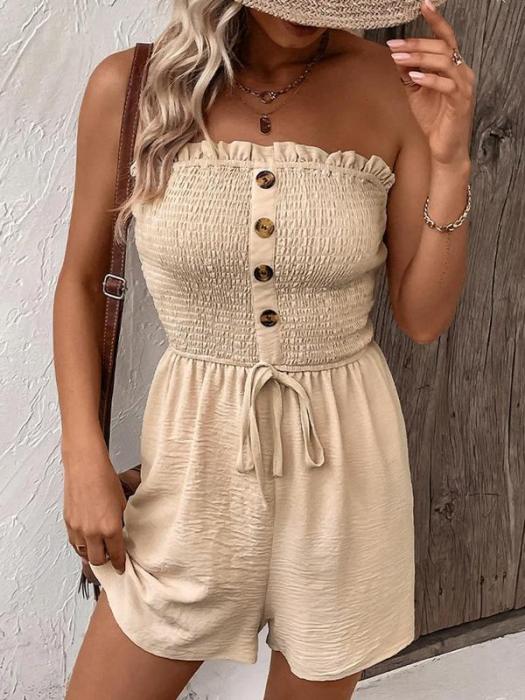💖UTOLSÓ NAPI PROMÓCIÓ - 50% KEDVEZMÉNY💖Női pánt nélküli Frill Trim Shirred Tie Front széles lábú cső Romper