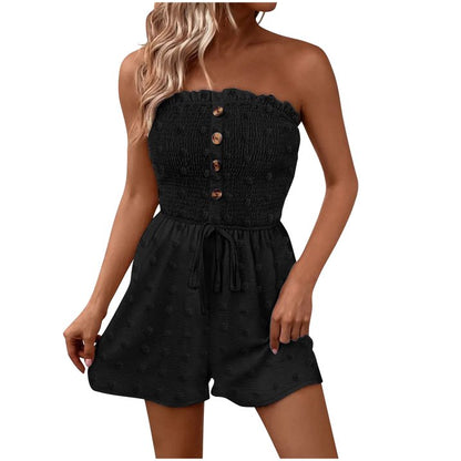 💖UTOLSÓ NAPI PROMÓCIÓ - 50% KEDVEZMÉNY💖Női pánt nélküli Frill Trim Shirred Tie Front széles lábú cső Romper