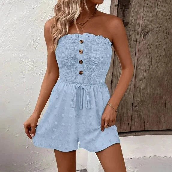 💖UTOLSÓ NAPI PROMÓCIÓ - 50% KEDVEZMÉNY💖Női pánt nélküli Frill Trim Shirred Tie Front széles lábú cső Romper